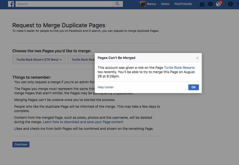 Facebook merge attempt alert